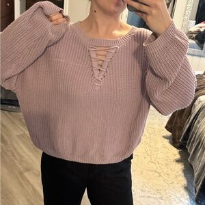 Lilac Knit Sweater with Lace-Up Front